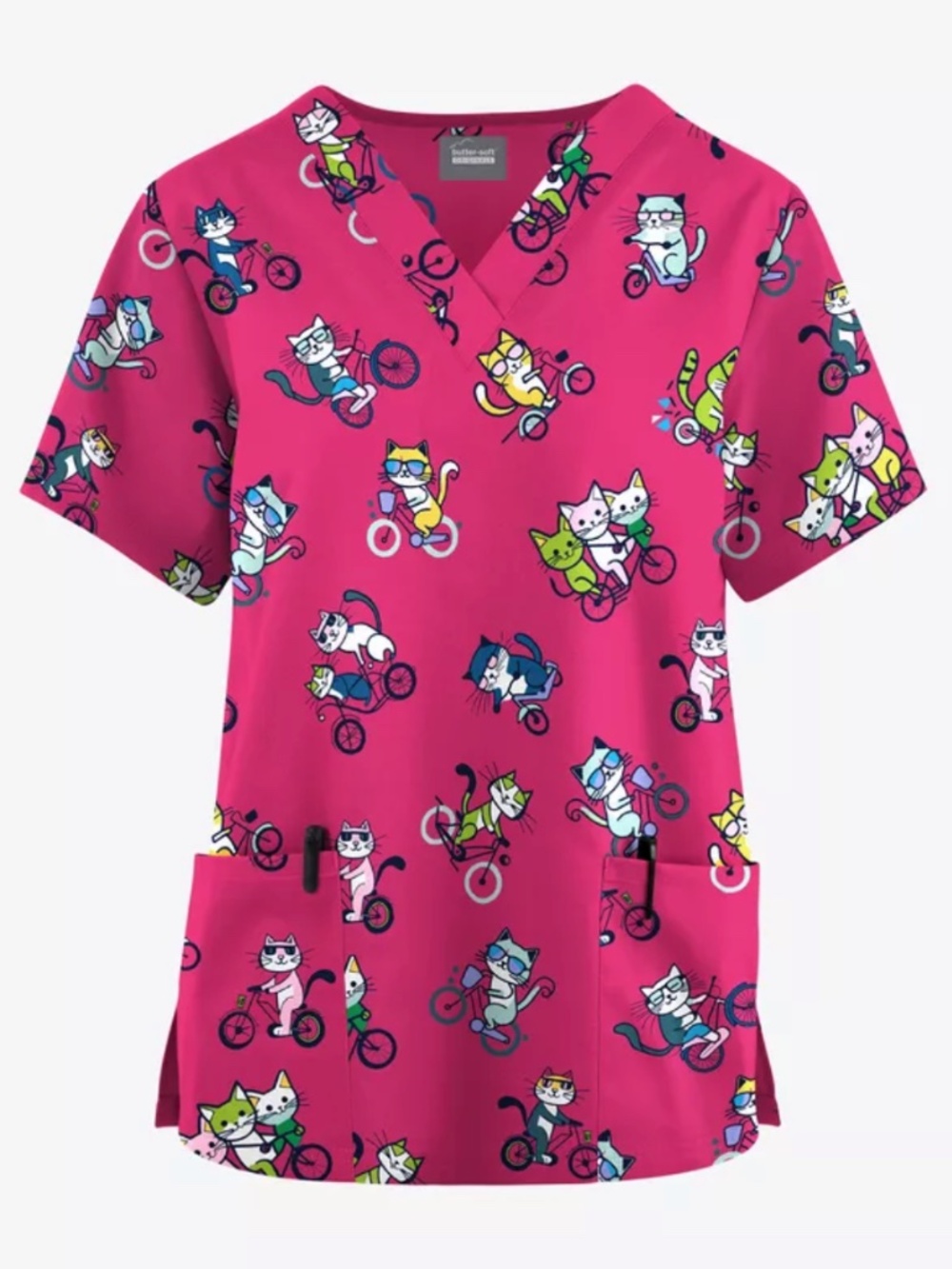 Butter-Soft Originals Meow On Wheels Fuchsia Women's 2 Pocket V-Neck Print Scrub